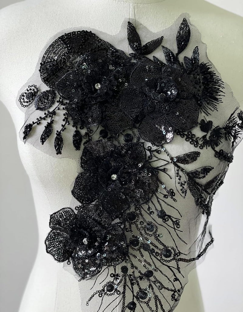 JRYYR Black Sequin Applique Patches, Handmade DIY Sew on 3D Flower Appliques for Clothing,Dresses, Dance Costumes, Bags, Home Decor (Black-A) - Image 4
